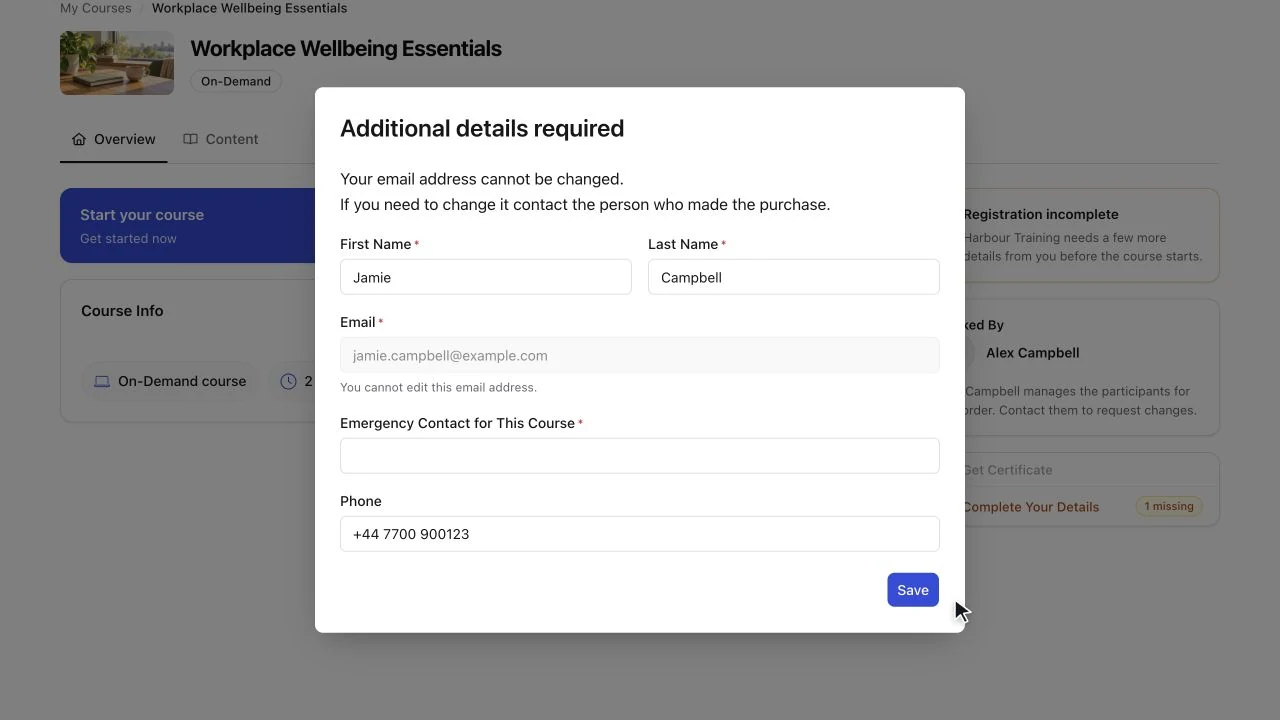 Dismiss the missing-details prompt, choose Complete Your Details, and reopen the unanswered question.