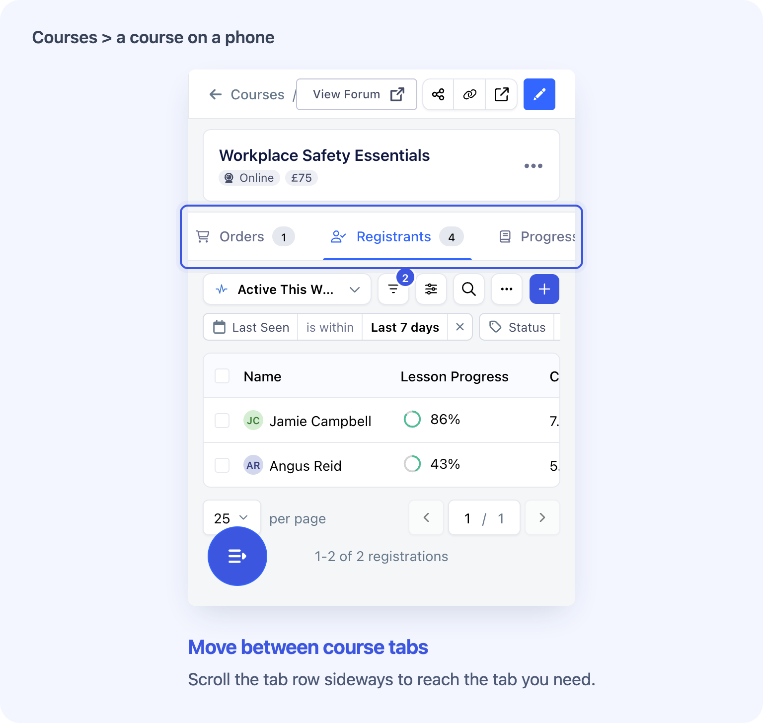 The course card and tab row stay available as you move through the course page.
