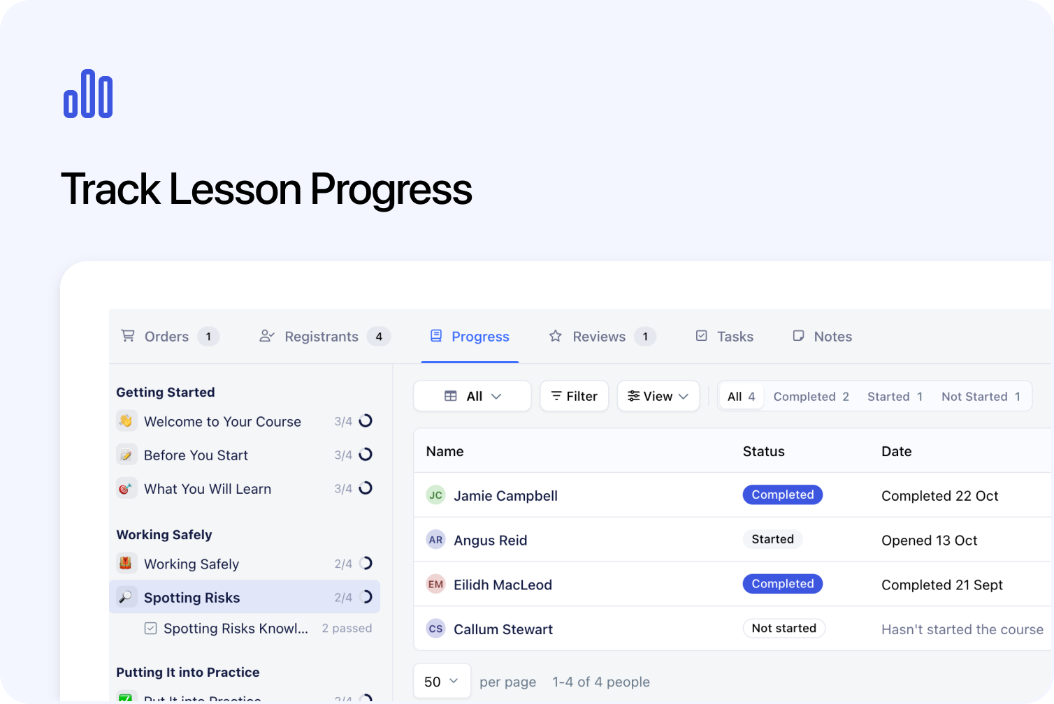 Track Lesson Progress: see each learner’s lesson status