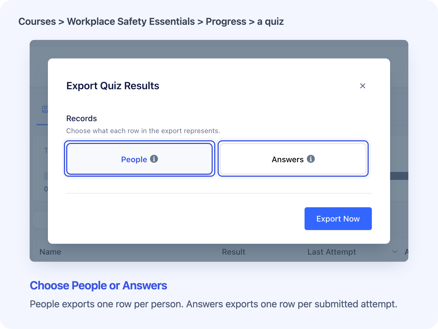 Choose a learner summary or one row for each submitted attempt.
