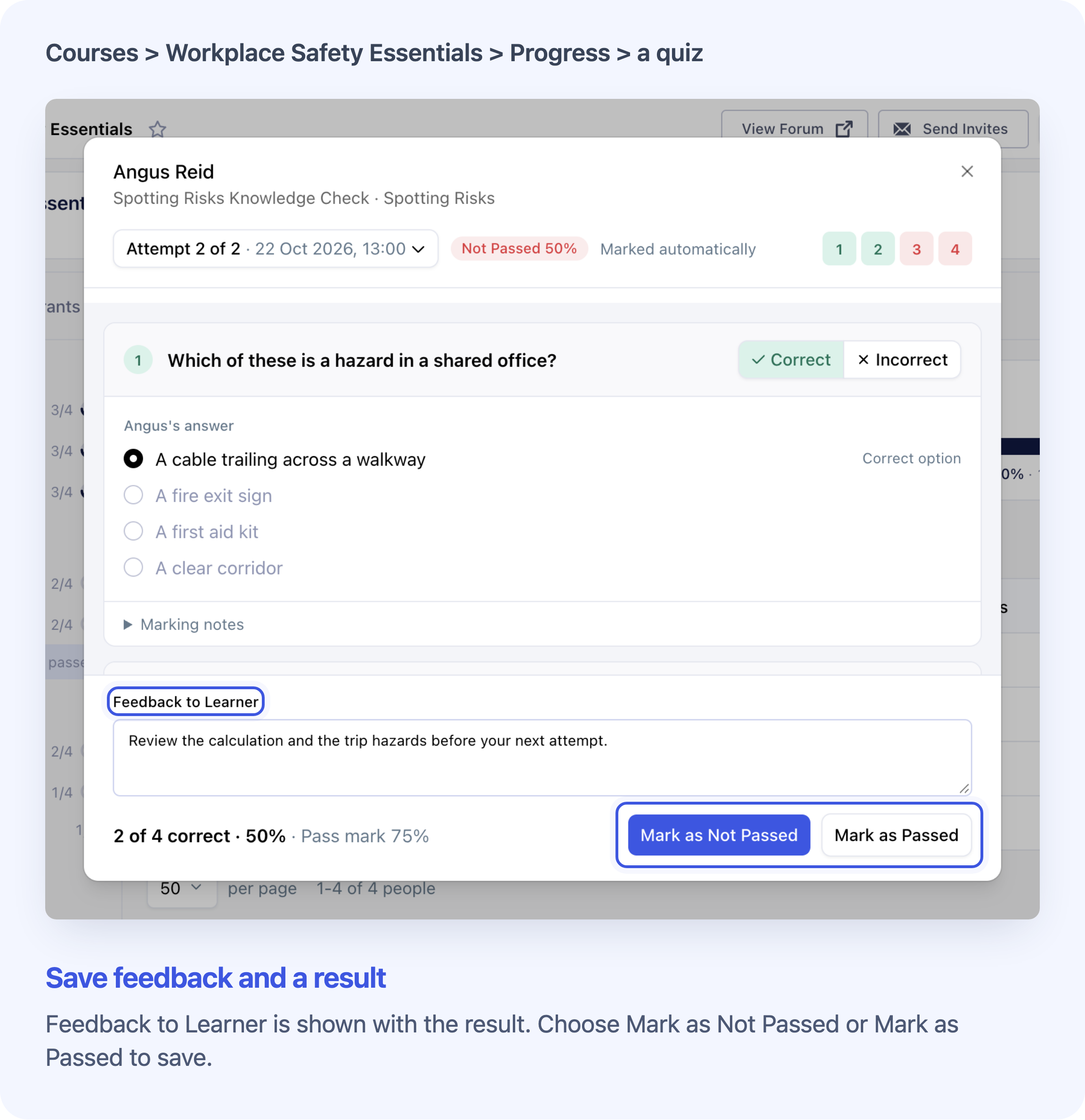 Review the answers and feedback before saving the overall result.