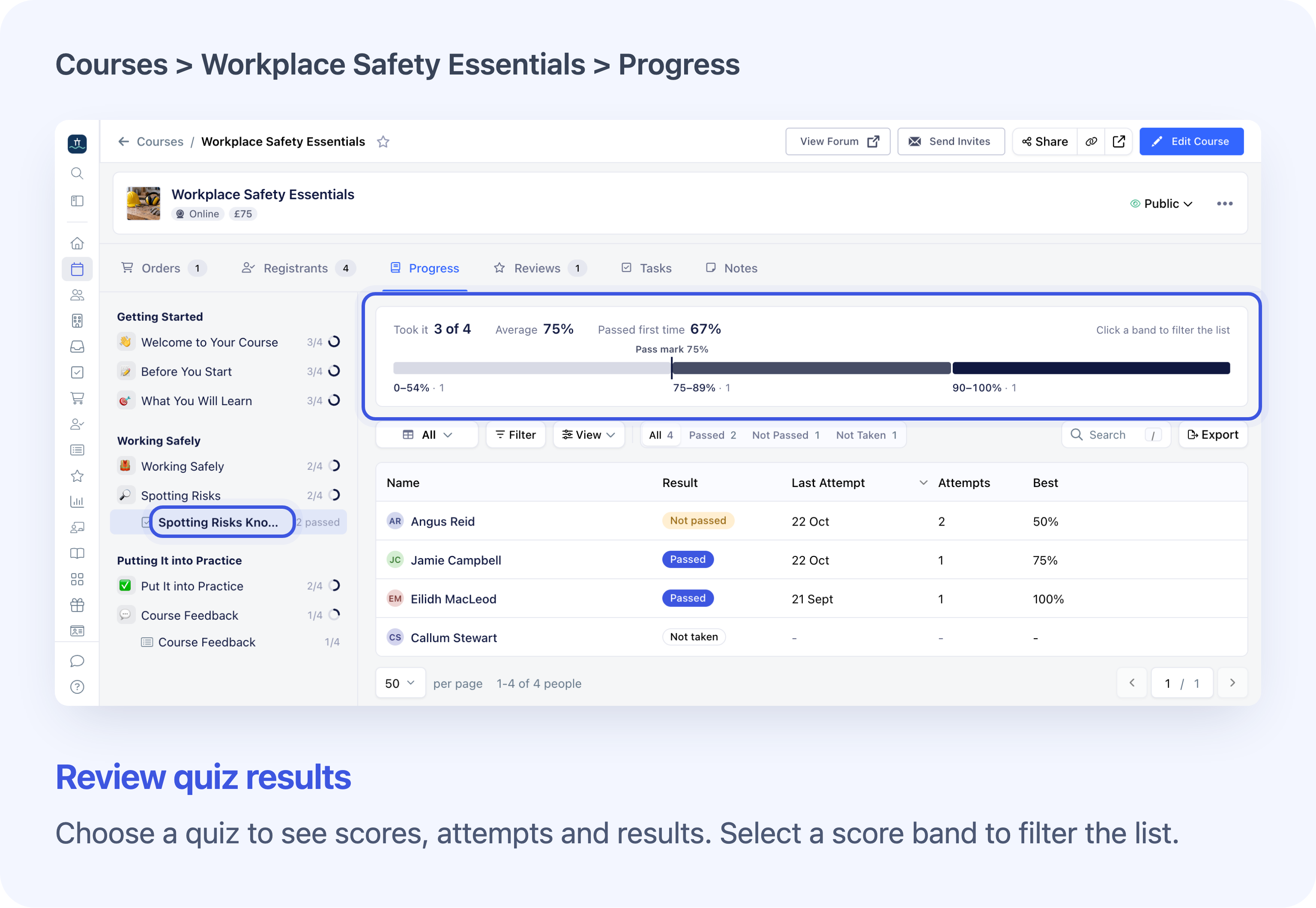 See quiz results across the course, then open a learner’s answers.