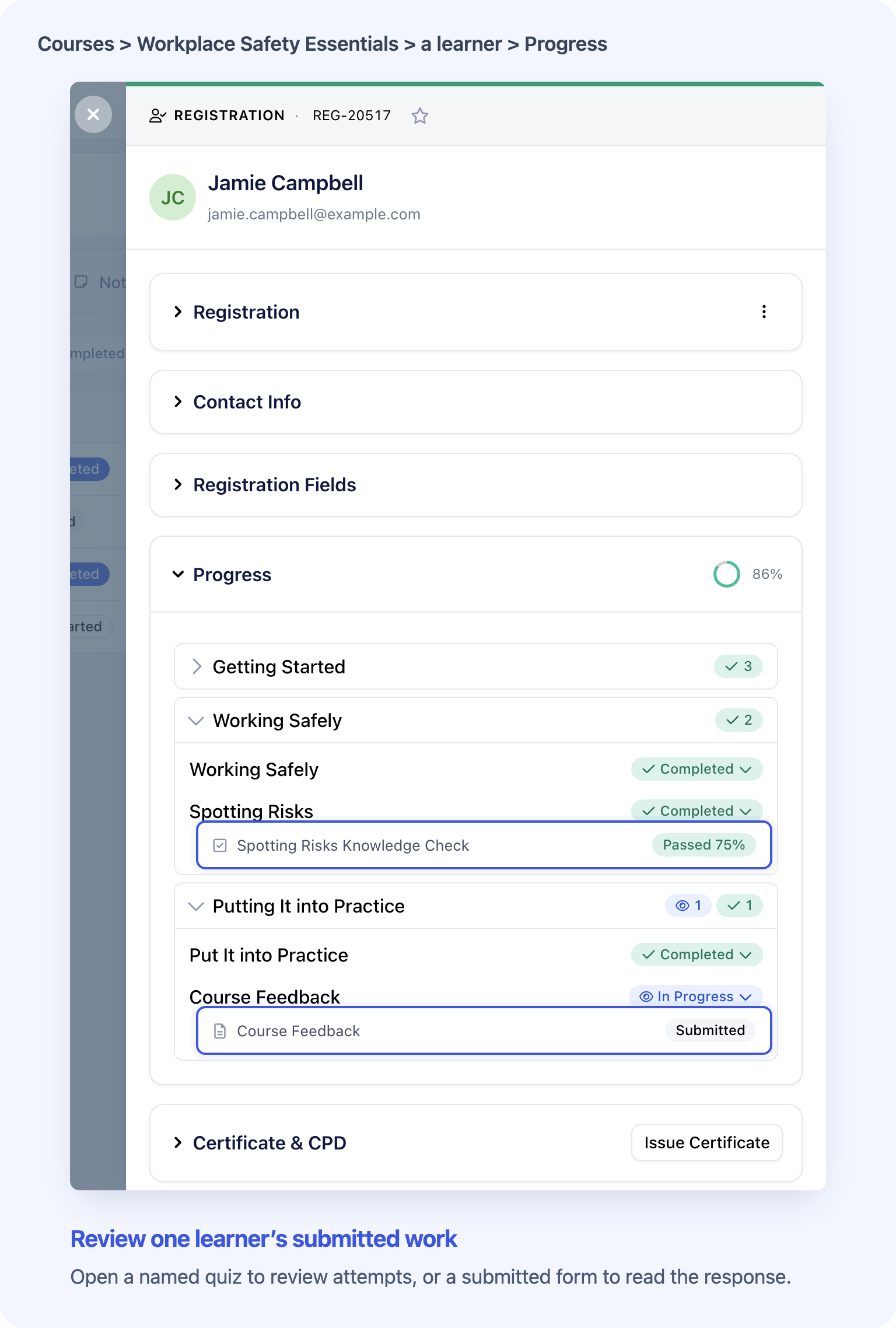 See named quizzes and forms alongside the learner’s lesson progress.