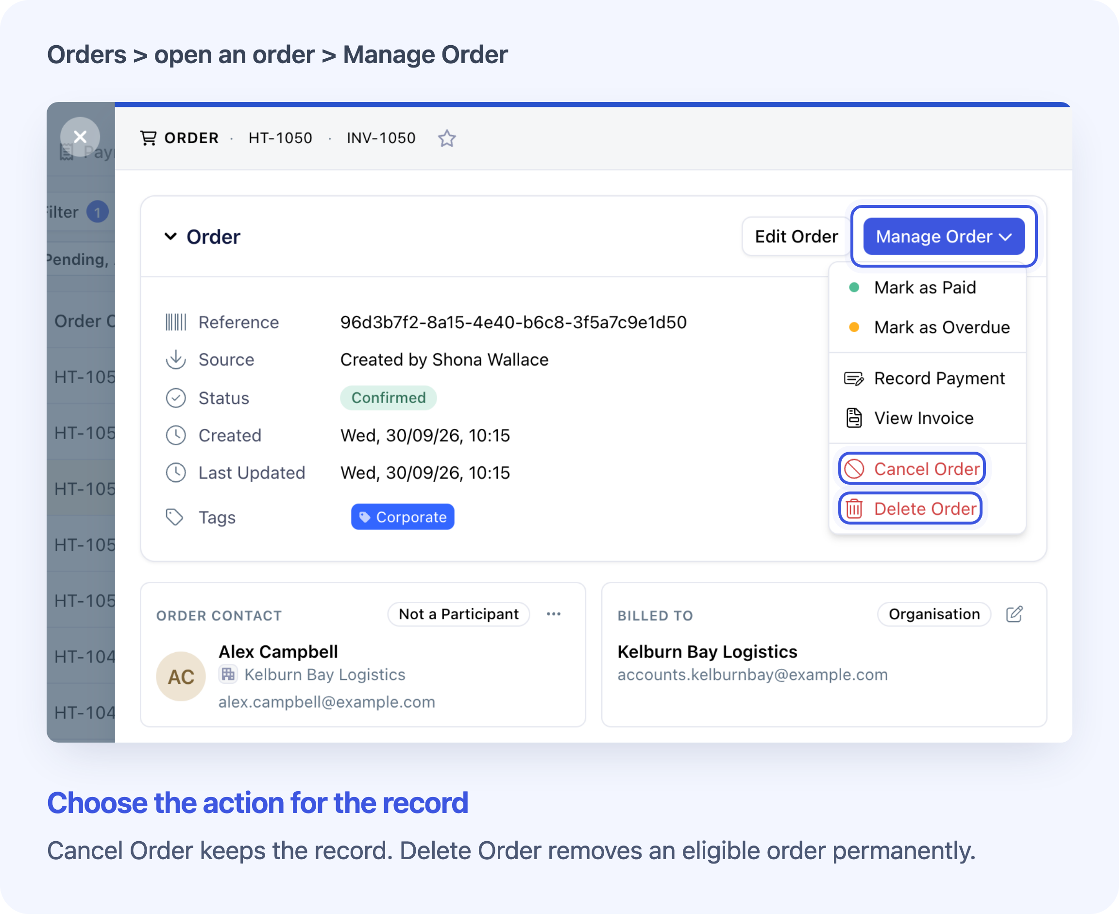 Manage Order shows Cancel Order and Delete Order on unpaid order HT-1050.