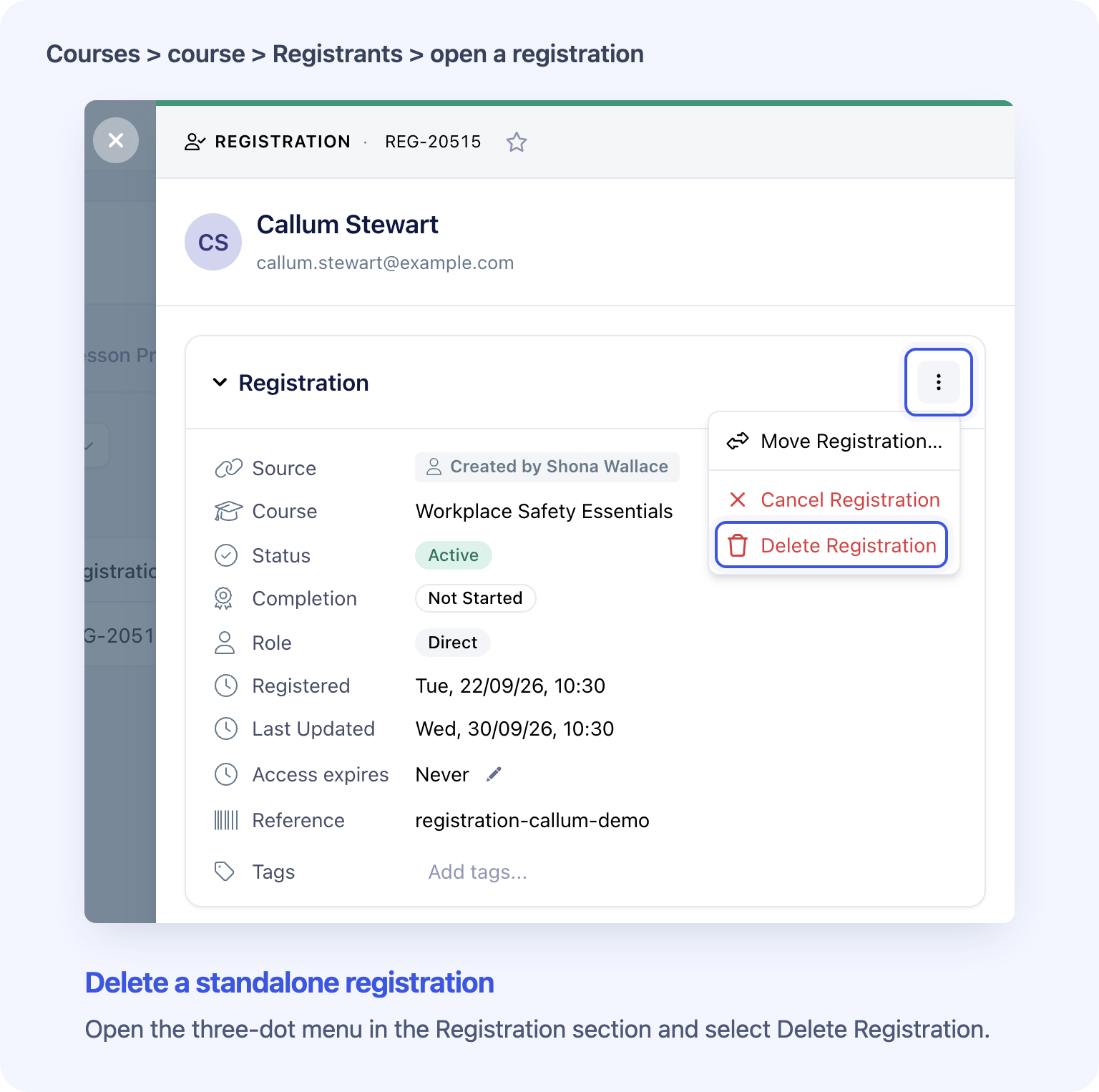 Callum Stewart’s standalone Registration menu shows Delete Registration below Cancel Registration.