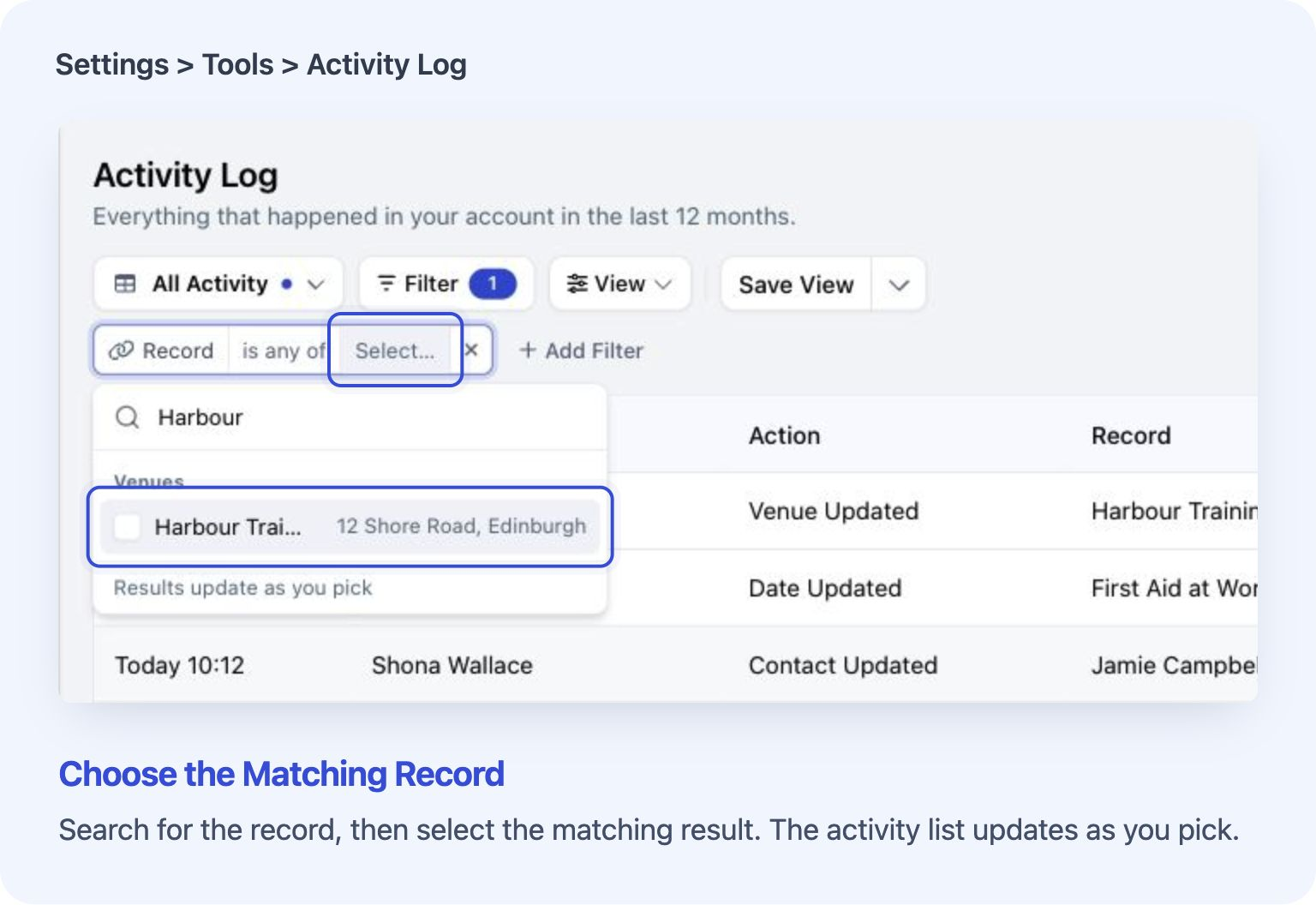 Activity Log with the Record picker open and a matching venue result ready to choose.