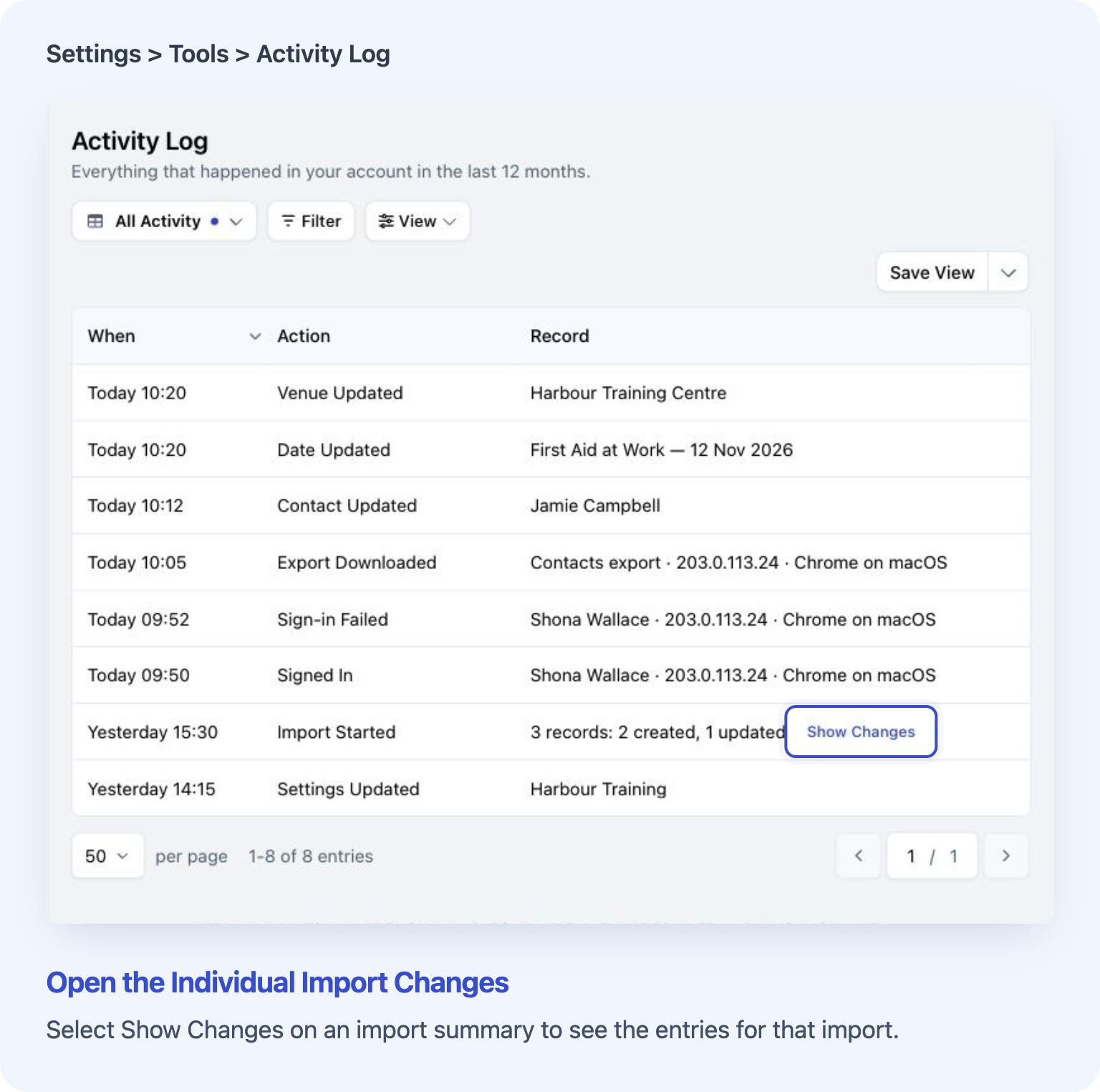 Activity Log showing an import summary row with its counts and Show Changes control.