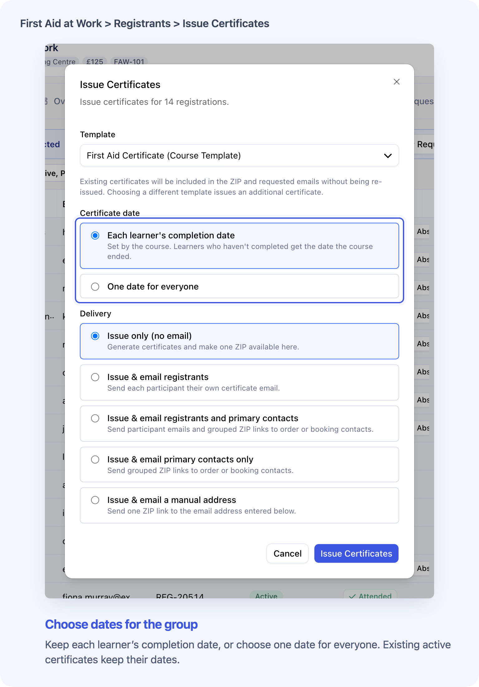 The bulk certificate dialog showing each learner’s completion date and one date for everyone for 14 registrations.