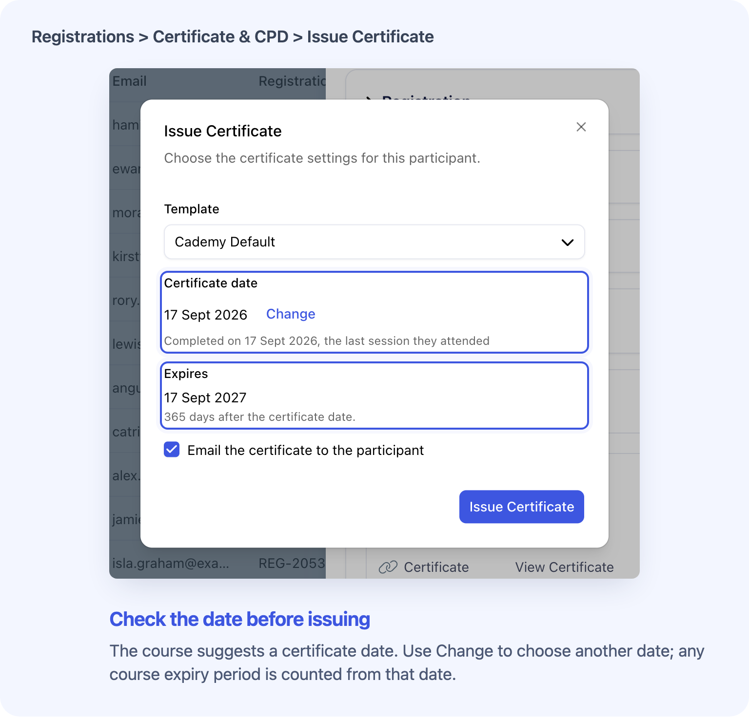 The Issue Certificate dialog showing a Cademy Default certificate dated 17 September 2026 with expiry 17 September 2027.