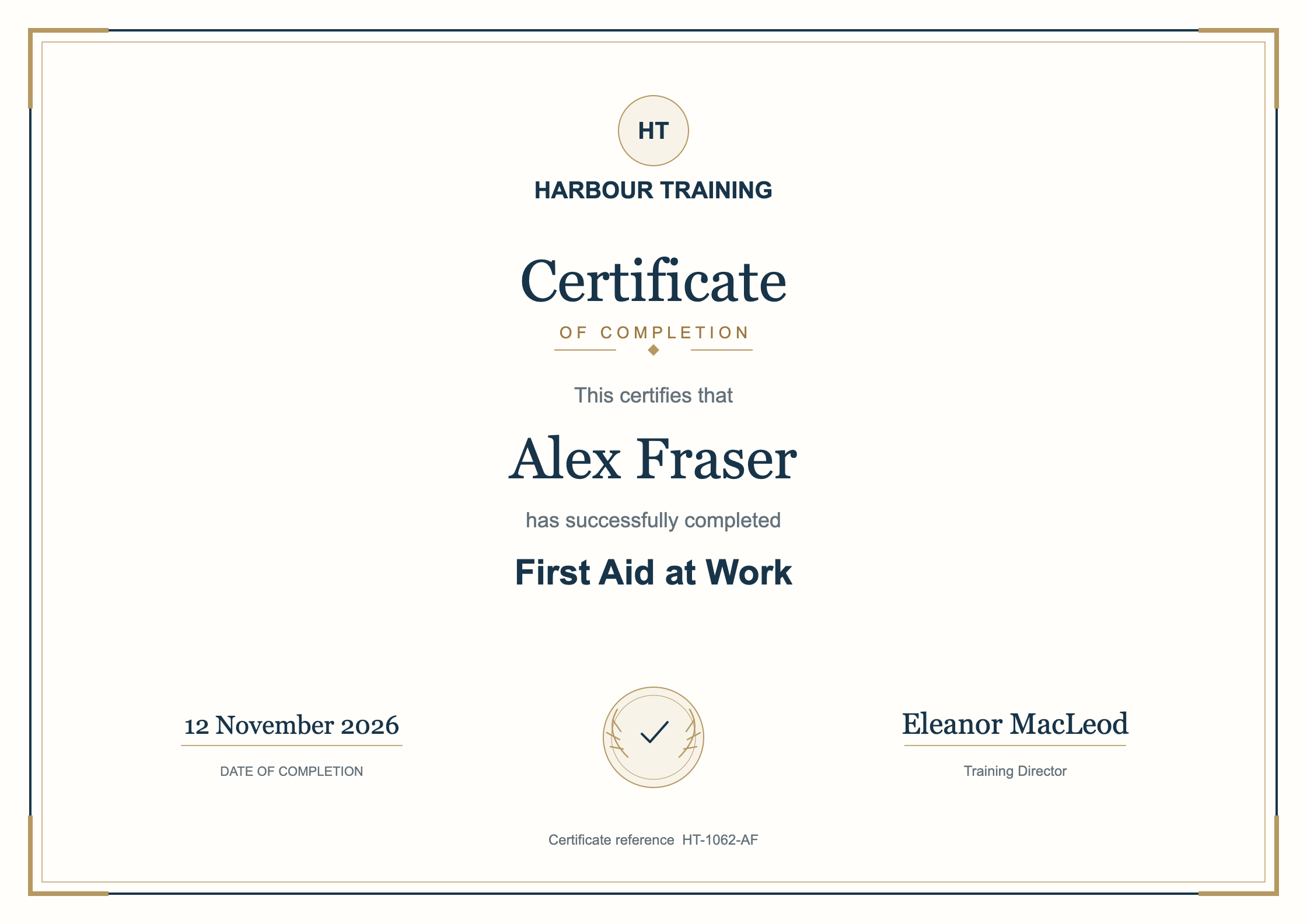 Alex Fraser’s issued course certificate